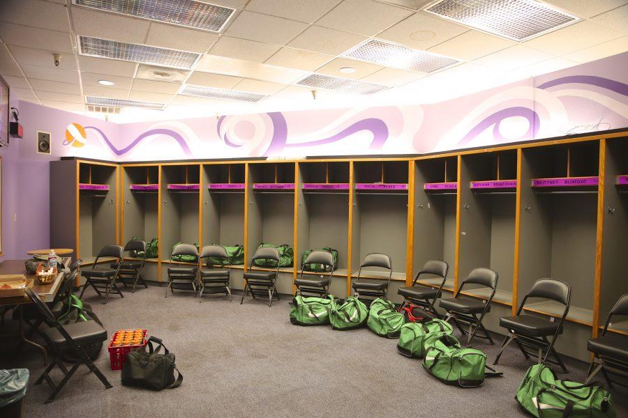 Drake duffels line the empty team locker room at the Sleeptrain Arena. | Courtesy of Rod Miles