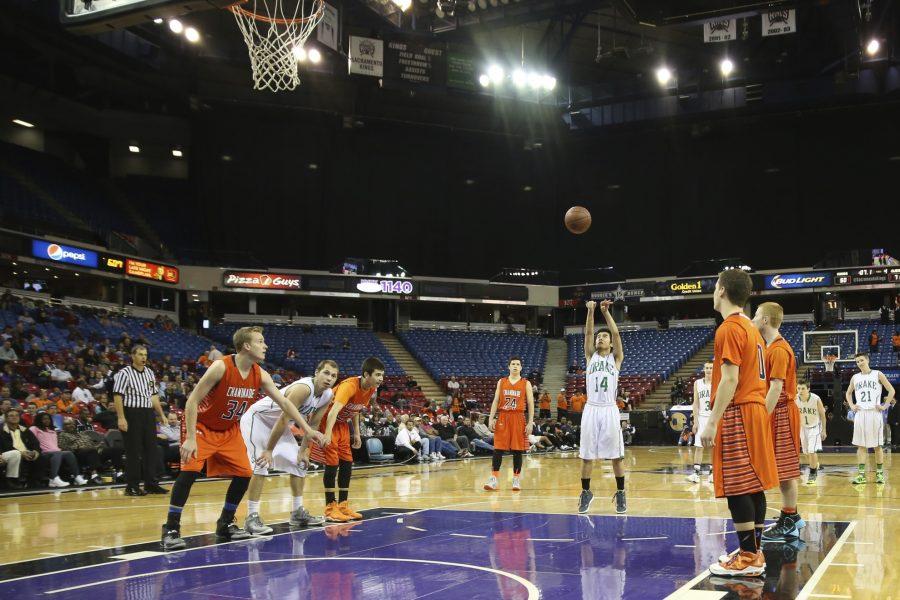 Campbell Yamane, #14, sinks a second free throw to score Drakes final point. | Courtesy of Rod Miles