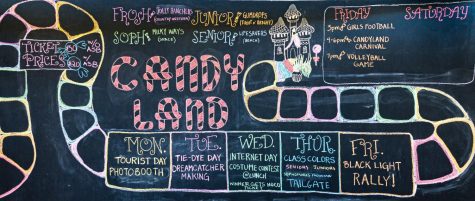  Spirit themes for Homecoming week and dance on the chalkboard outside the Student Center.