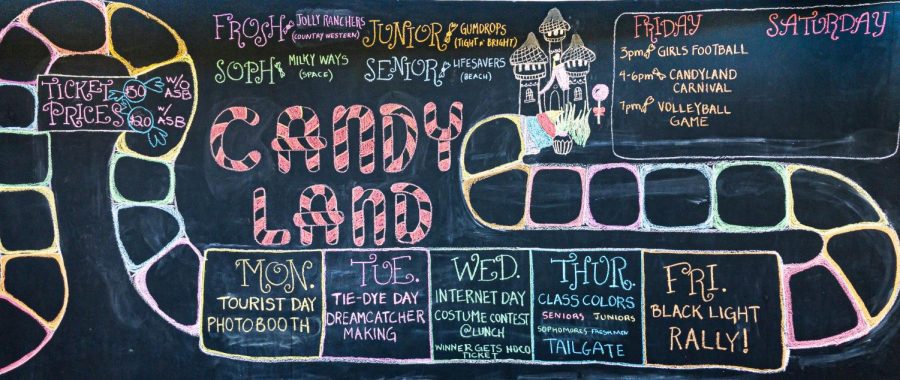 +Spirit+themes+for+Homecoming+week+and+dance+on+the+chalkboard+outside+the+Student+Center.