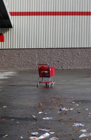 A grocery cart stands abandoned during shelter in place.