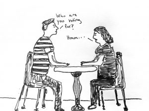Illustration by Fiona Swan showing two first time voters conversing about the upcoming election.