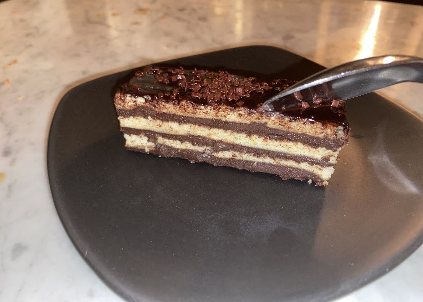 A slice of Amelie’s house baked chilled chocolate layer cake. ($7.50)