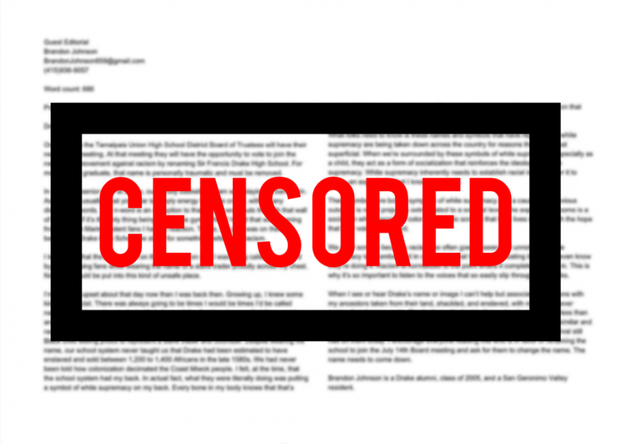 A copy of Brandon Johnson’s original article is obscured beneath a label reading “censored.”