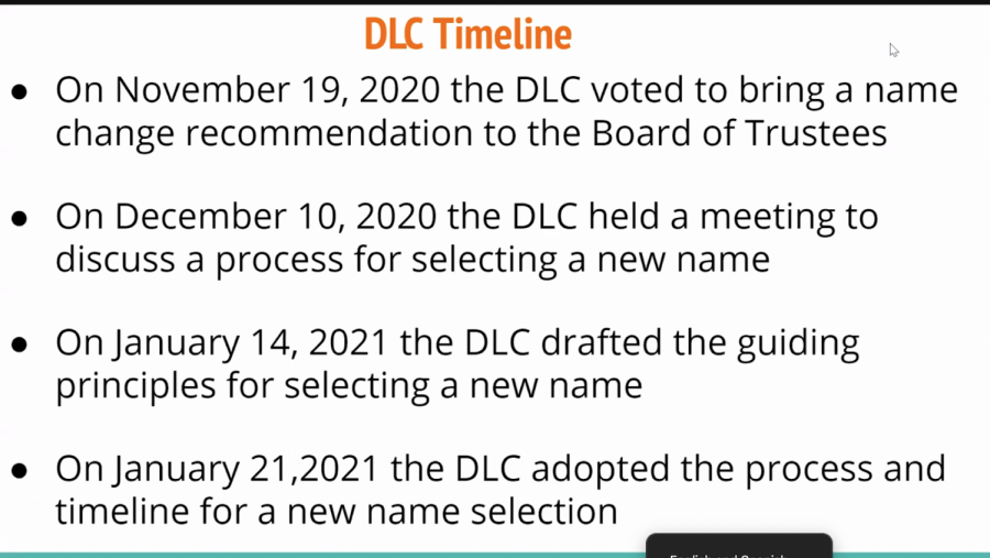 A slide presented in the board meeting showing the original timeline of the name change.