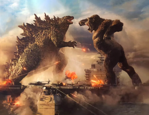 Godzilla and Kong exchange blows on the high seas while surfing naval battleships.