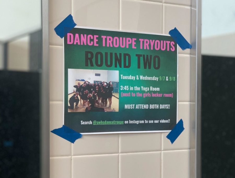 “Dance Troupe Tryouts Round Two” poster located in the girl’s bathroom in the first corridor.
