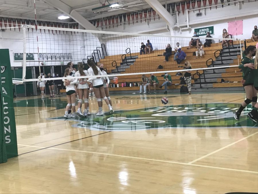 AWHS varsity volleyball celebrating after an ace by senior Ella Heimbrodt that won them a point.