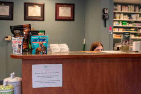 A veterinarian secretary works behind her desk taking calls, located in the Fairfax Veterinary Clinic on 2084 Sir Francis Drake Blvd.