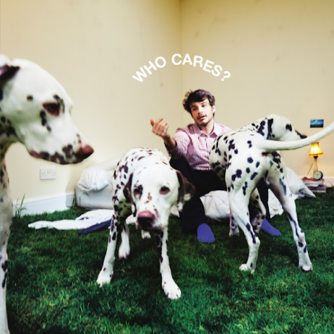 Artist Rex Orange County (Alex OConnor) beaconing in his three dalmations on the album cover for WHO CARES?.