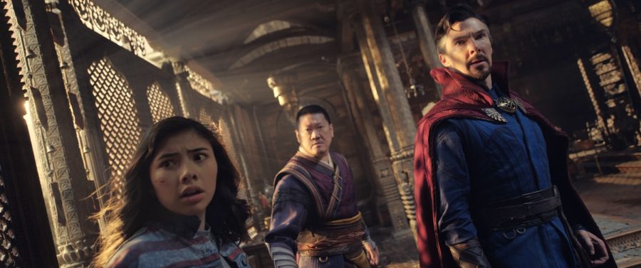 Wong, Doctor Strange, and America look in horror at what Wanda is doing to other sorcerers in the multiverse. 