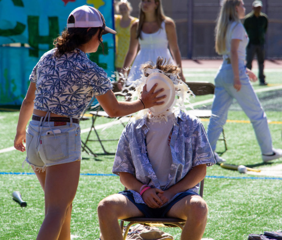 AWHS freshman Paige Murphy pies Luca Genovese after the home run derby.