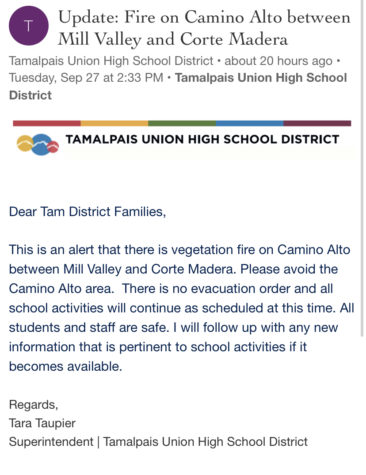 TUHSD administrators advised community members to avoid Camino Alto Rd. after a fire started on Monday, Sept. 27. 