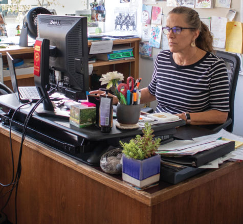 Lisa Neumaier works from her desk, where she assists students with their college application process.