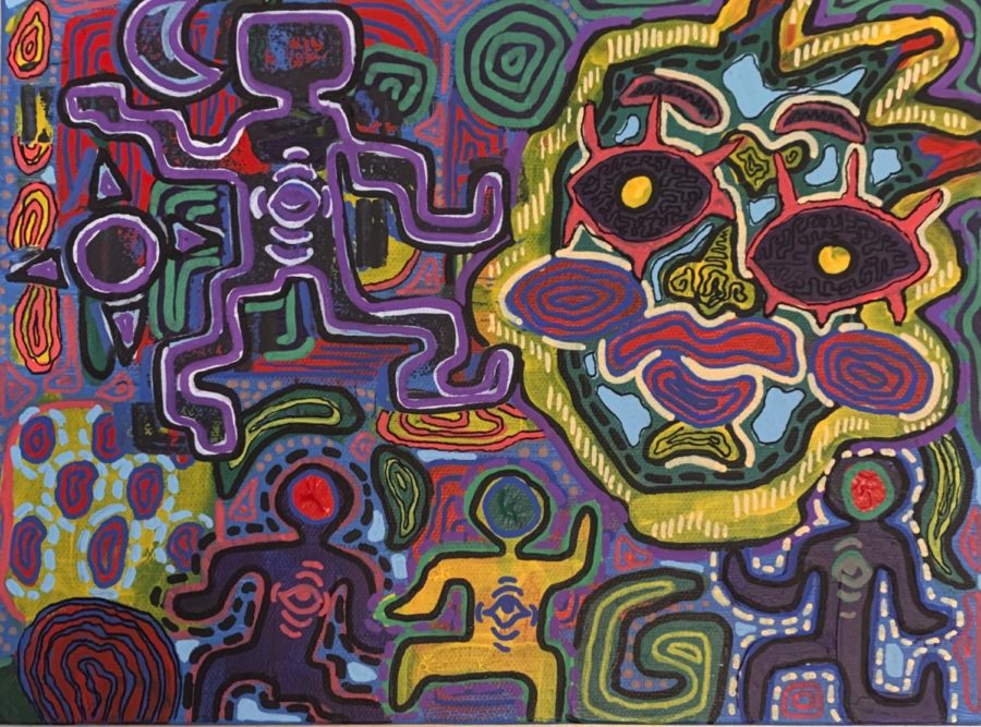 Awakening represents the start of Amelias journey as an artist. She started creating this piece by finger painting little men, following Mayan art style, one of her main inspirations. She kept adding to the painting over a course of time until this beautiful piece was created.