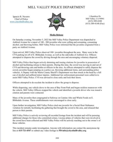 The media release from the Mill Valley Police Department overviews the events that took place during the evening of Nov. 5.