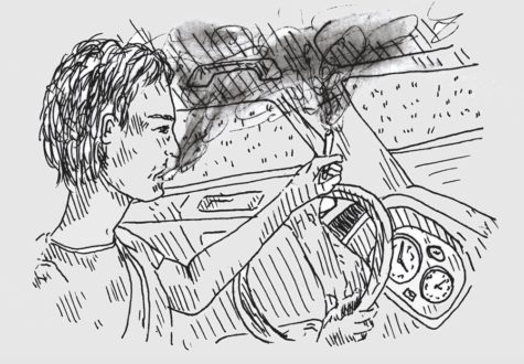 Illustration portrays a person with blurred vision behind the wheel.