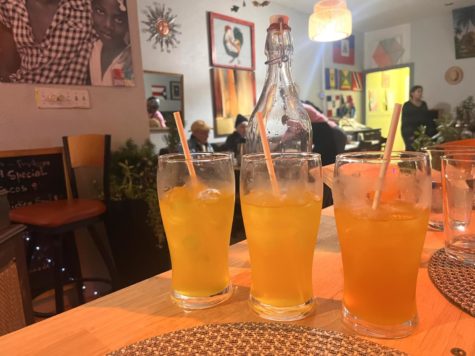 The house juices (mango on the left and passion fruit on the right) offer a sweet flavor to complement the spice of the entrees.