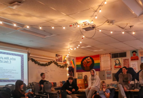 Diana Goldberg teaches her fourth period English class underneath string lights hanging from the ceiling. 