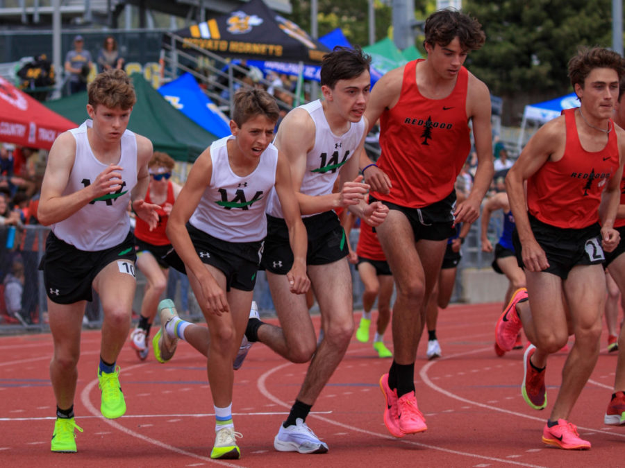 Archie Williams 3200 meter squad made up of juniors Jackson McFerron and Ryan Ferguson along with sophomore Ian Sharp, start their MCAL Championship race next to two Redwood runners.