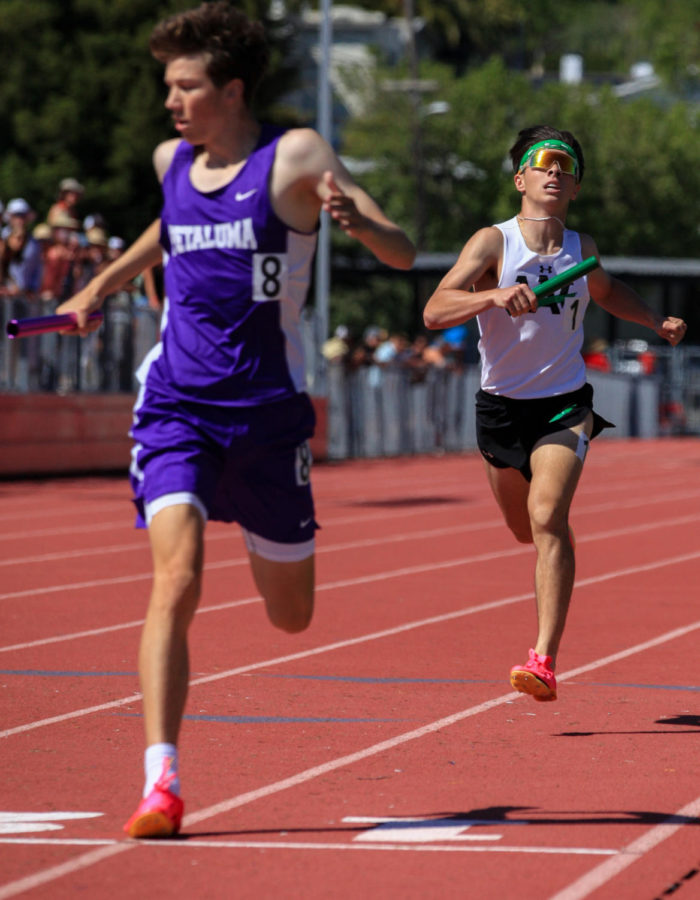 Senior team captain Luke Calagari closes the anchor leg of the 4 by 400 meter race to secure a qualifying spot in the Meet of Champions race Friday, May 19.