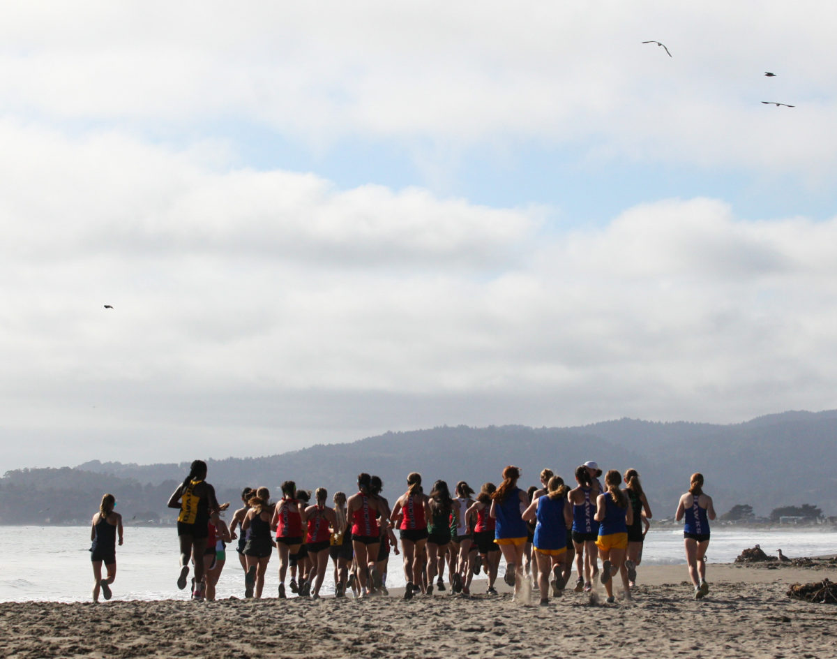A pack of MCAL girls runners take off from the starting line at the Stinson Beach Relays. 