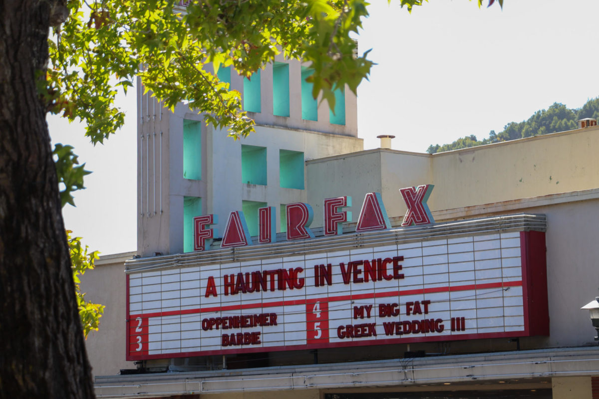 The Fairfax Theater, in Fairfax advertising A Haunting in Venice, a 2023 horror film.