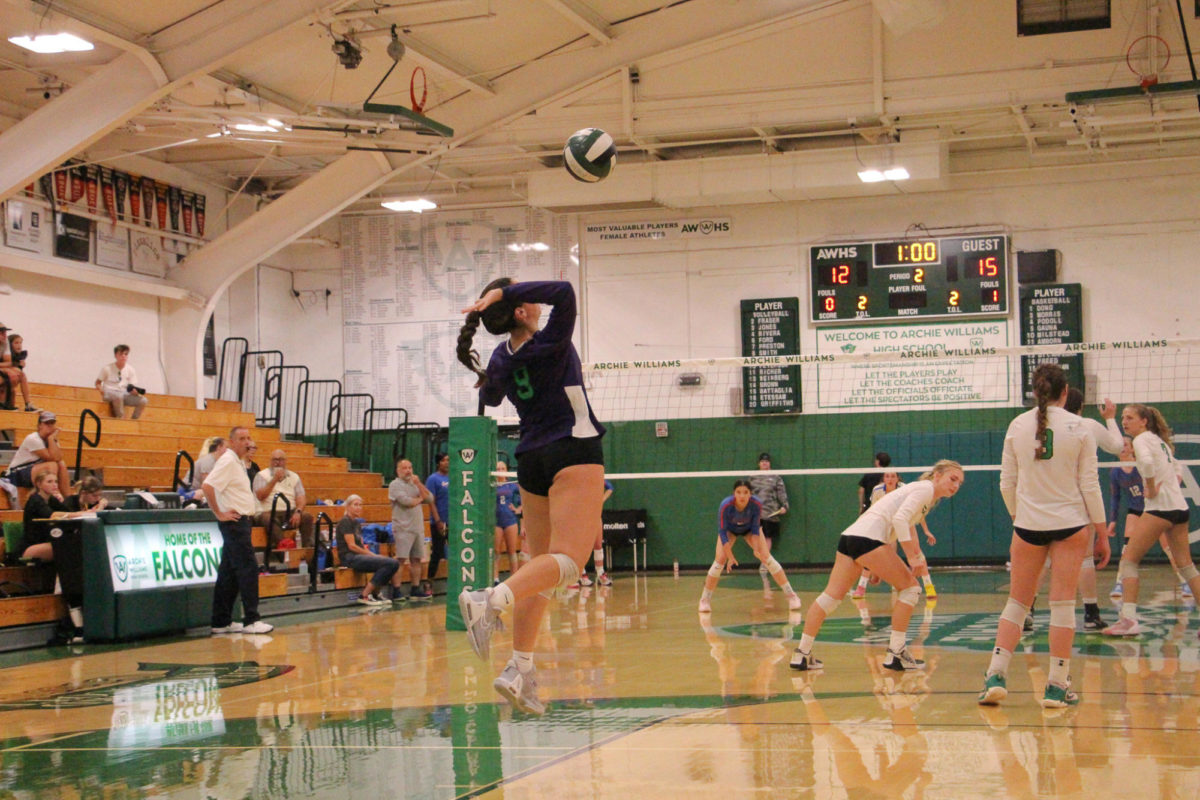 Archie Williams sophomore Alyse Rosen jumps to serve a ball to the Hawks.