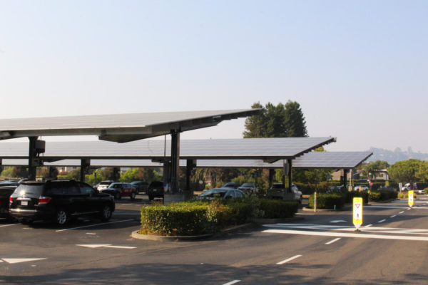 Redwood High Schools existing solar canopies, before construction on the new solar installations begin.