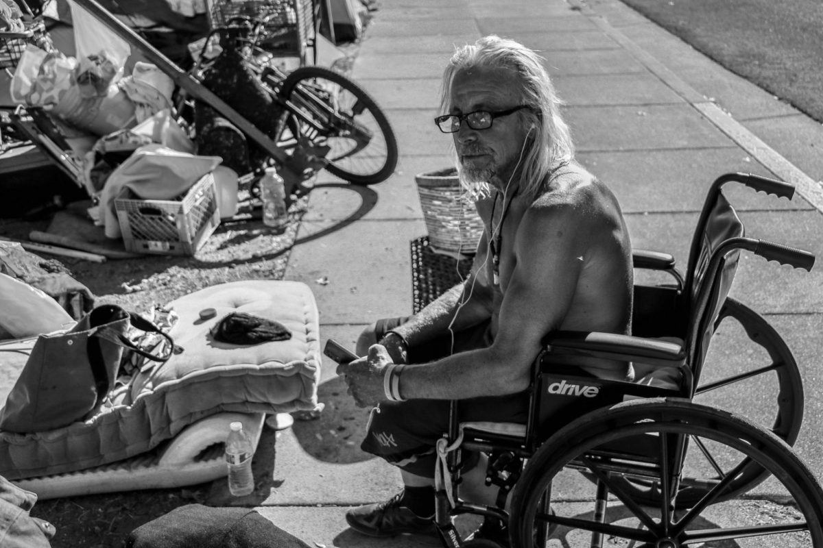 Eddie Metz, a homeless occupant of Anderson Dr. adjacent to the San Rafael Creek. Harsh 	winter and summer seasons levy extreme environmental conditions for Marins homeless population. 