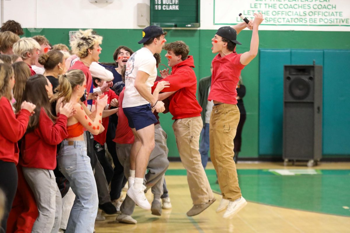Sophomore Sam Kaplan leads his sophomore classmates in the Falcons Chant during Fridays class colors spirit day. 