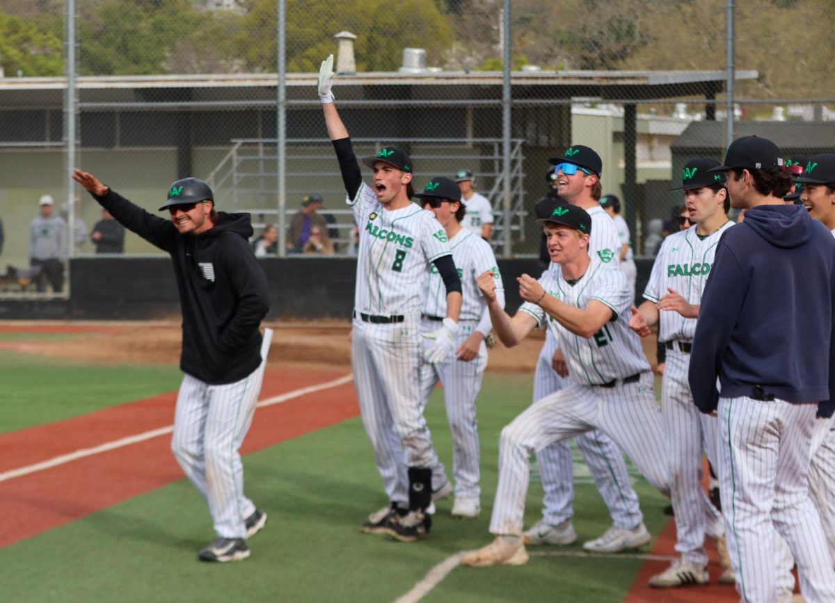 The team cheers for junior Miki Accomazzo as he runs the bases after his home run.