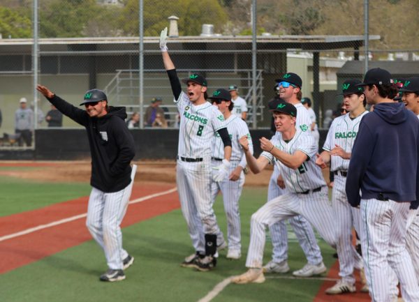 The team cheers for junior Miki Accomazzo as he runs the bases after his home run.