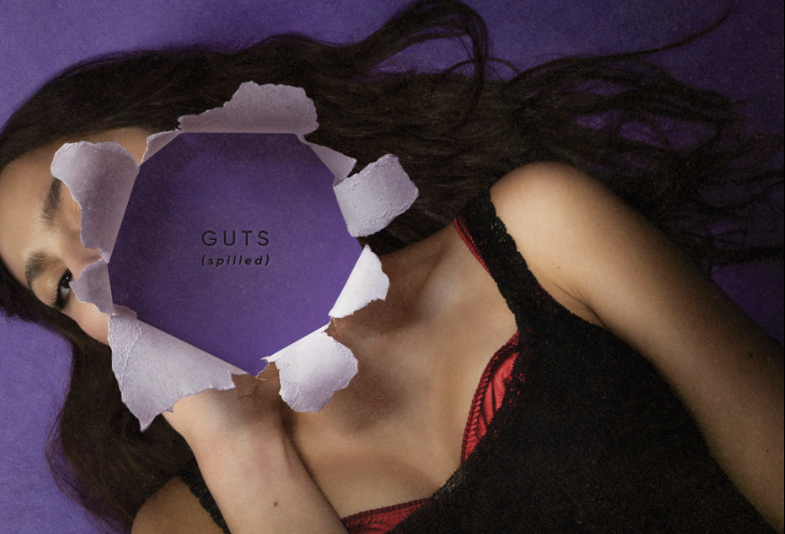 The cover of Olivia Rodrigos new album, GUTS (spilled), features the album cover of GUTS with a cutout in the middle. (Spotify album)