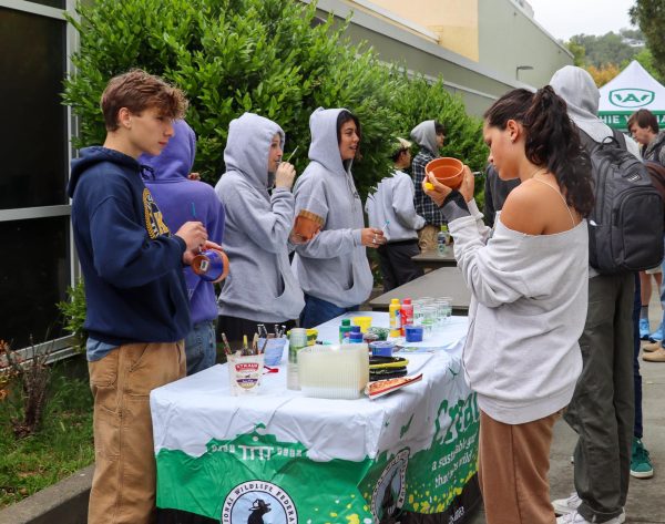 Students paint flower pots for an eco-activity at SEA-DISCs Earth Day celebration.