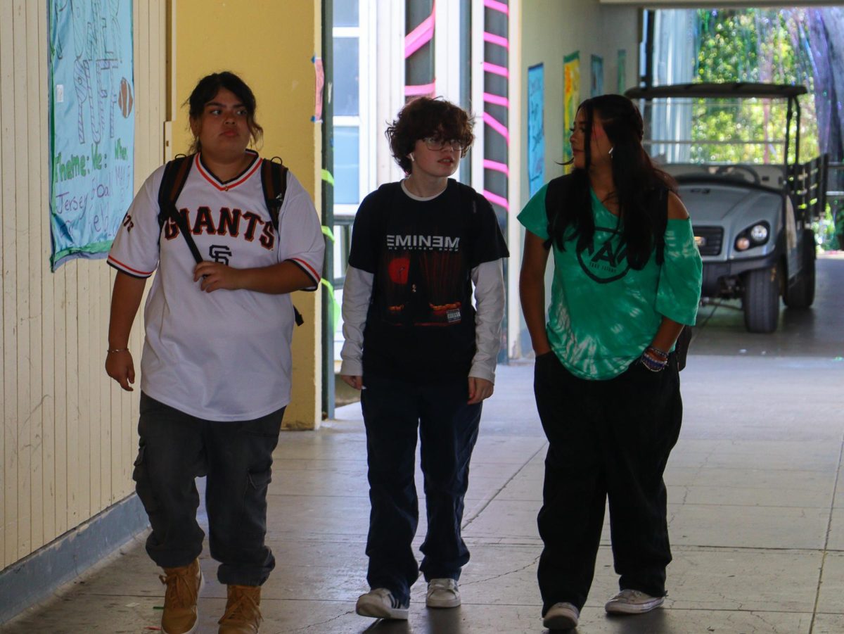 Archie Williams freshman (left to right) Christina Gomez, Zee Chiaramonte, and Valentina Valerio represent their favorite sports teams to show their school spirit for Jersey Day. 