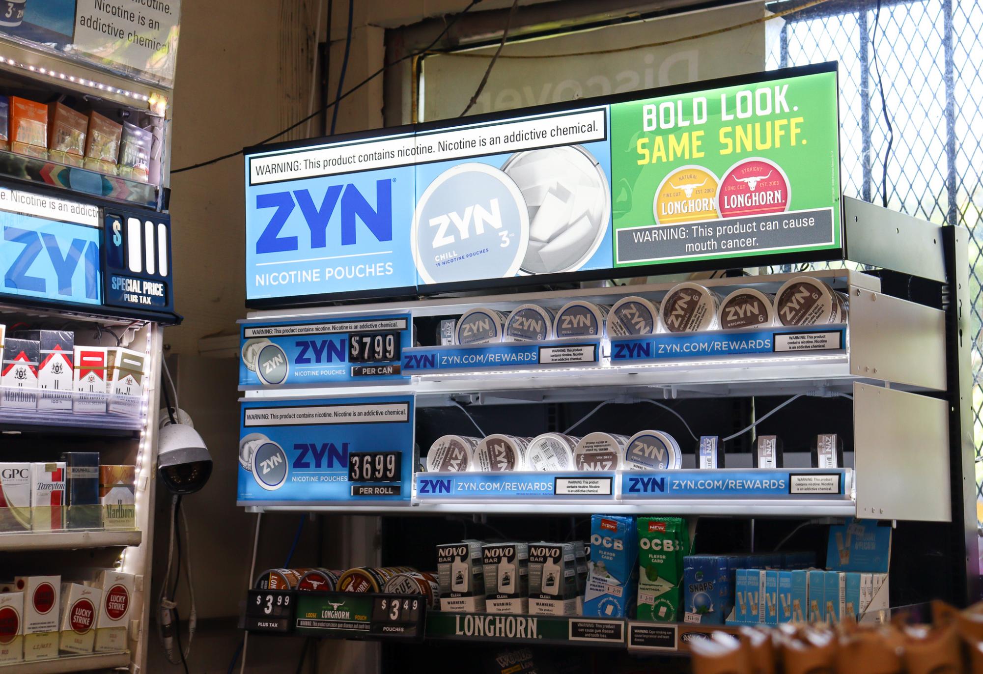 Zyn nicotine pouches on sale for adults 21+ at Gs Liquor in Fairfax.