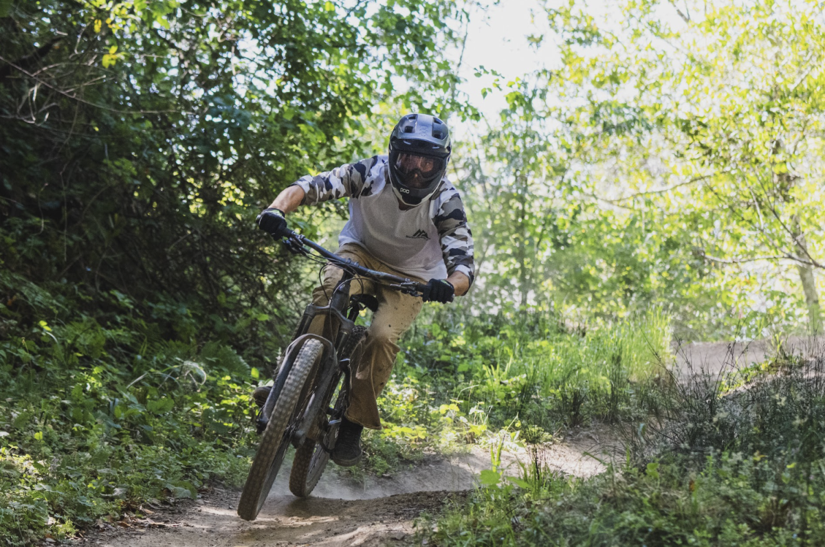 A local trail builder flies down a newly updated trail on Mt. Tamalpais.