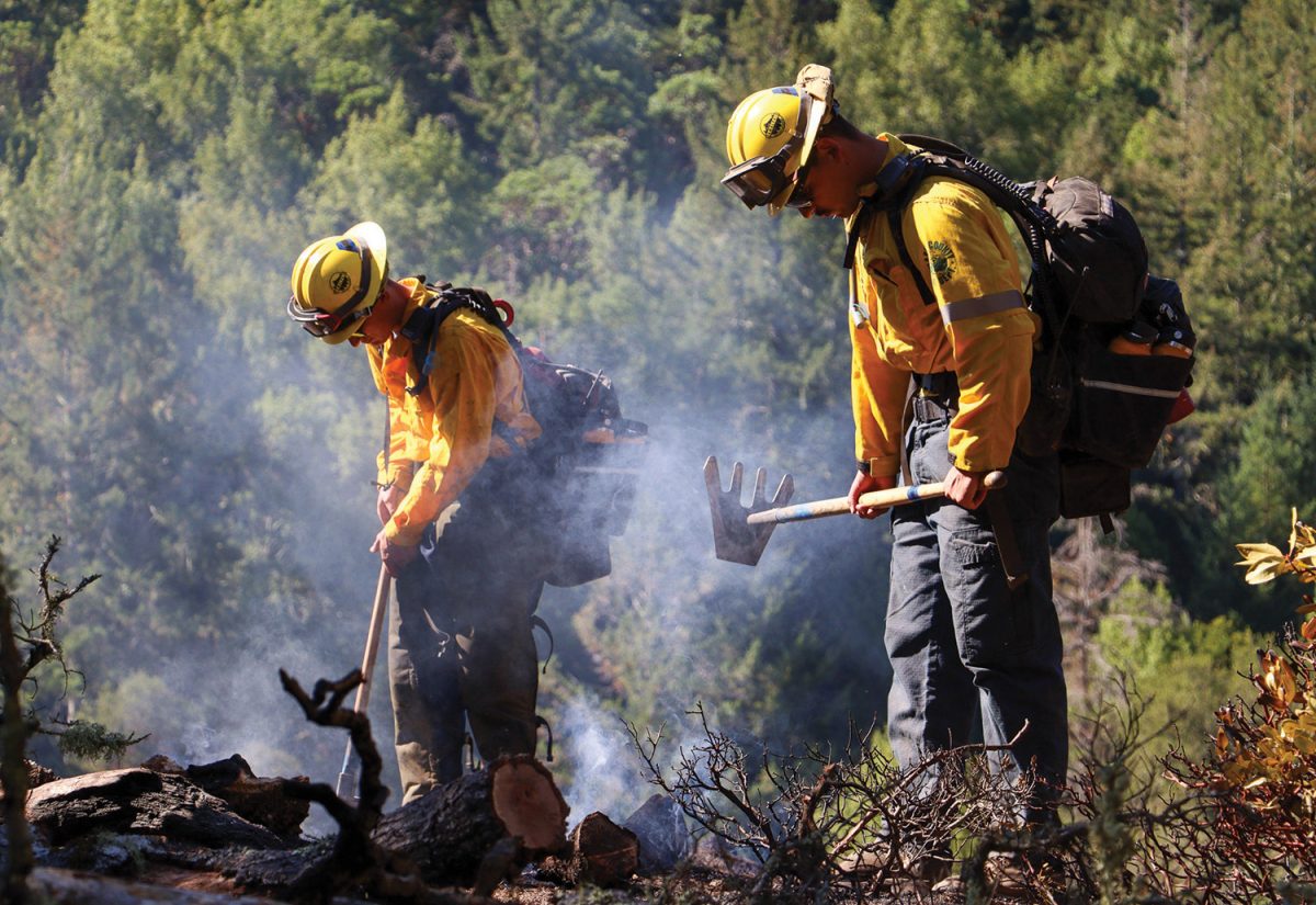 Marin County firefighters work cleaning up after a vegetation fire burned near Fairfax in October 2023.