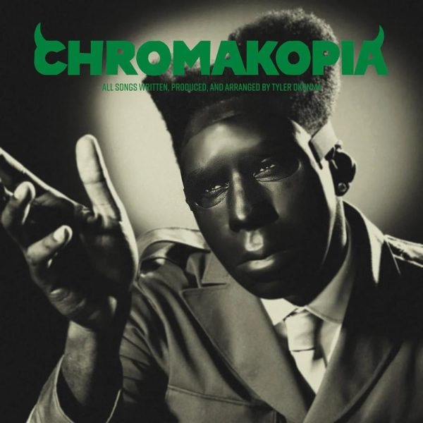 In Tyler, the Creator's Chromakopia album cover, he is meant to resemble Chroma the Great, a fictional character who brought colors to the world, hence the black and white design. (Promotional material courtesy of Odd Future Records)
