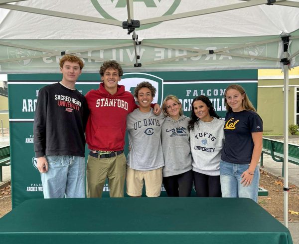 Archie Williams athletes Mari Rode, Jacob Carrera, Vincent Krilanovich, Paige Murphy, Zach Wulff, and Ava Brooks pose for a photo at the Signing Day lunch event. (Courtesy of ASB)