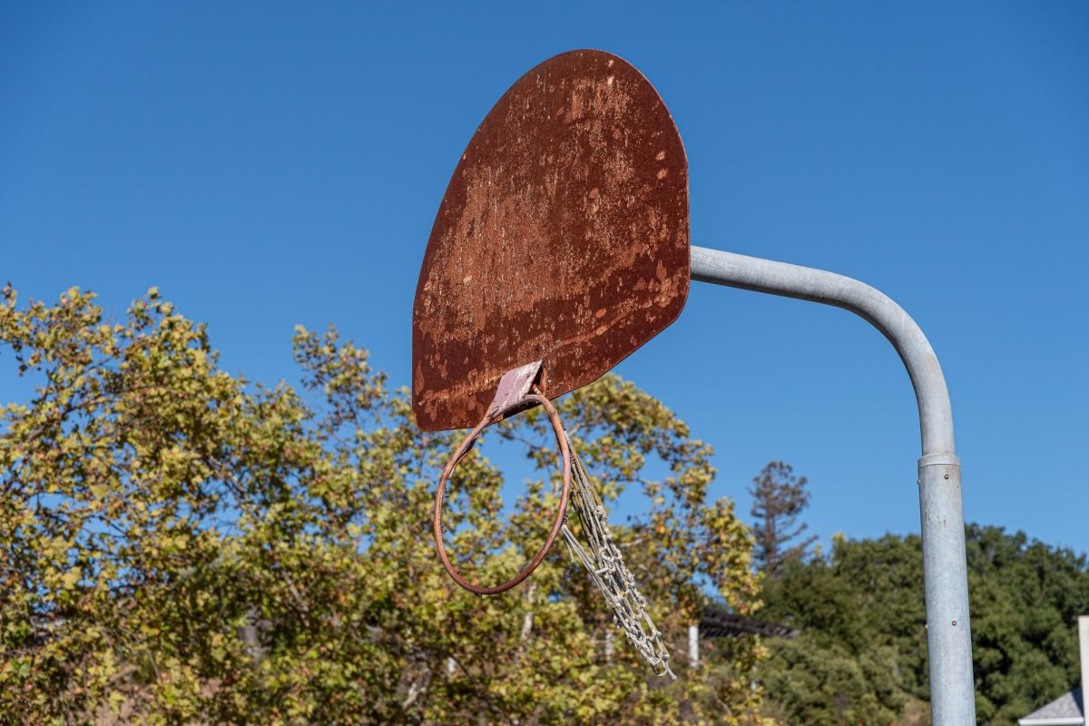 A rusty basketball hoop is one of the few objects still left standing at this abandoned site in San Rafael.