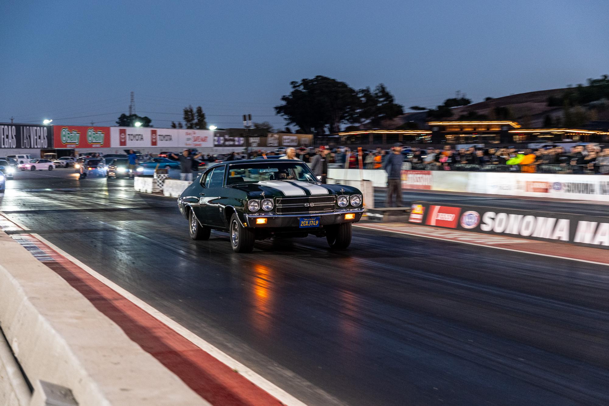 A 70s Chevelle SS sprints off the line as part of the street class at  Sonoma Raceway's monthly drag racing event.