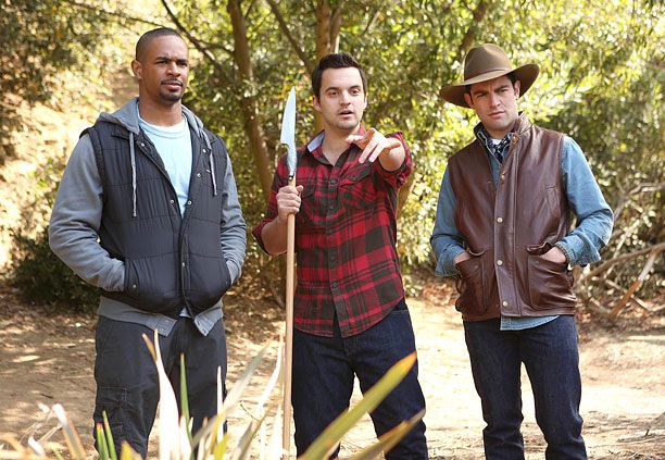 2011 New Girl's Nick Miller (Jake Johnson) proudly holds his handcrafted hunting ‘weapon’ alongside a skeptical Coach (Damon Wayans Jr.) and Shmidt (Max Greenfield) as they embark on their annual Thanksgiving antics.
(Courtesy of Entertainment Weekly)