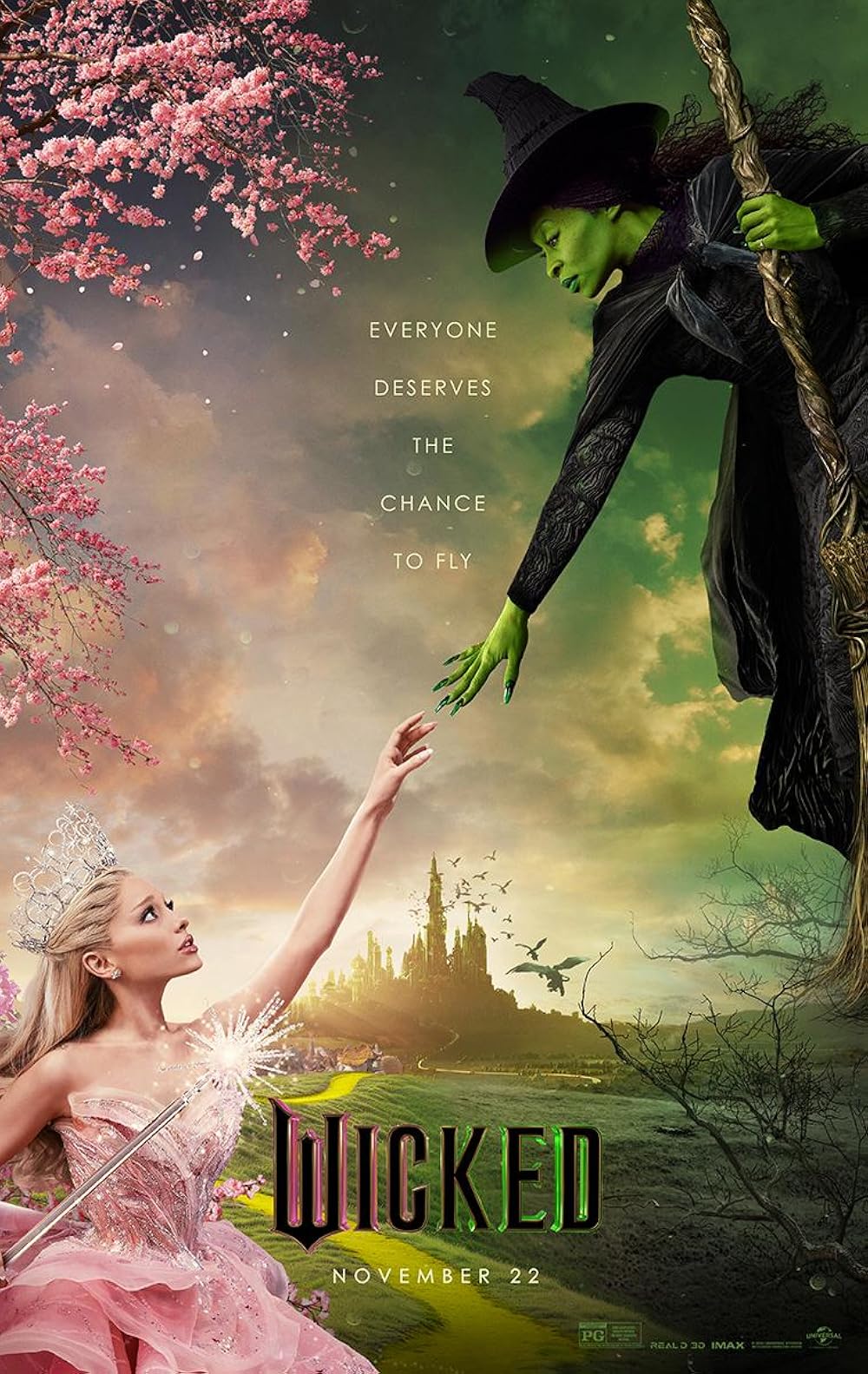 Elphaba (Cynthia Erivo) and Glinda (Ariana Grande) reach towards each other on the Wicked Official Movie Poster.