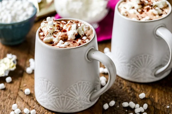 Rich creamy hot chocolate topped with marshmallows and chocolate shavings. (Courtesy of sugarspunrun.com)