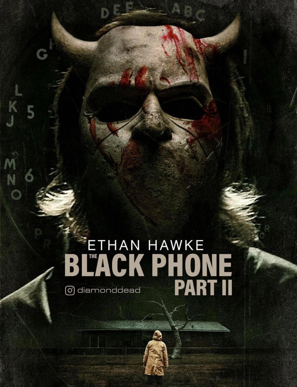 The main antagonist of The Black Phone II, "The Grabber," is shown with a bloodied mask and an unknown person below. (Courtesy of IMDB)