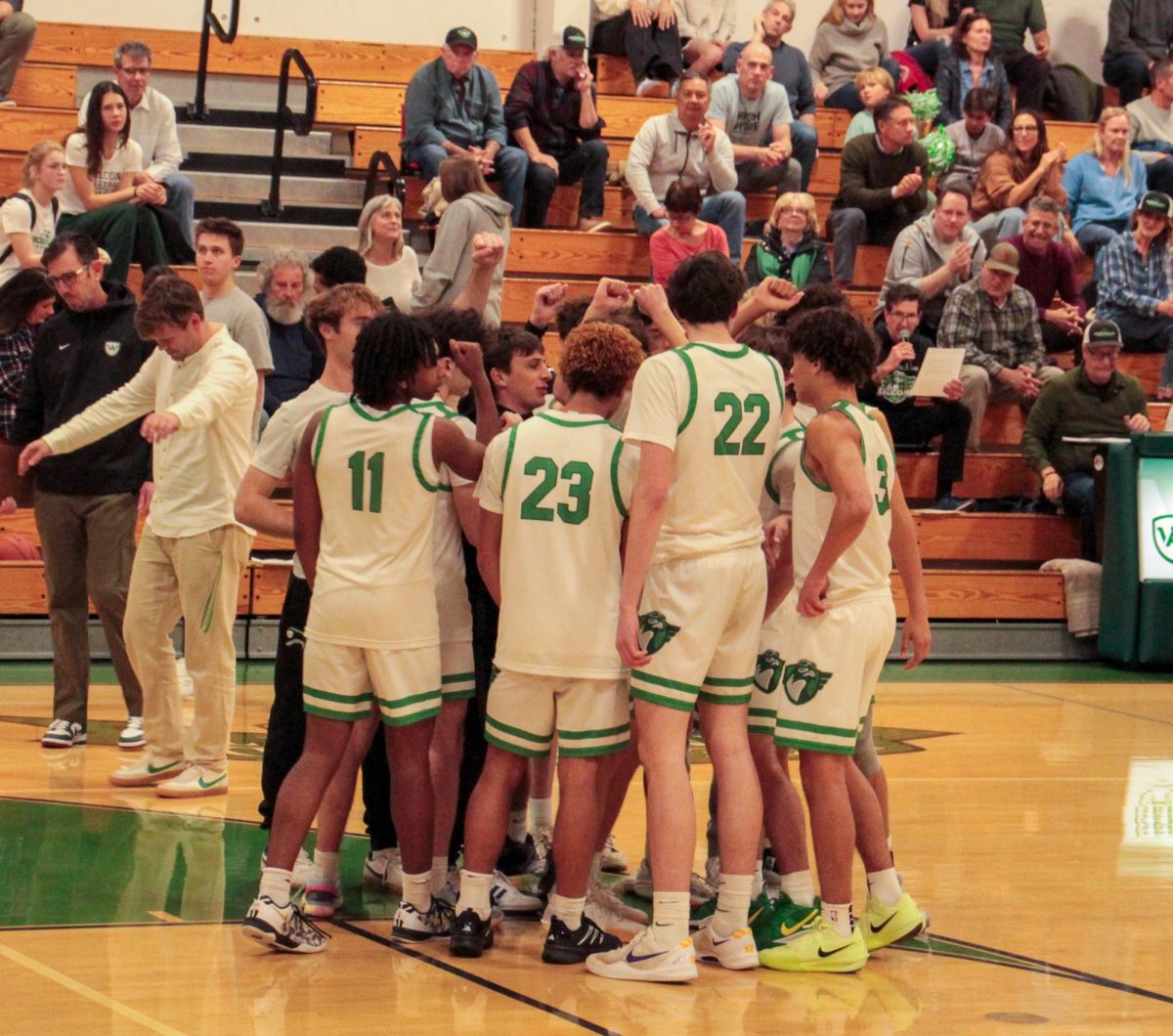 The Falcons end the timeout by raising their fists in the air, preparing themselves for the rest of the quarter.