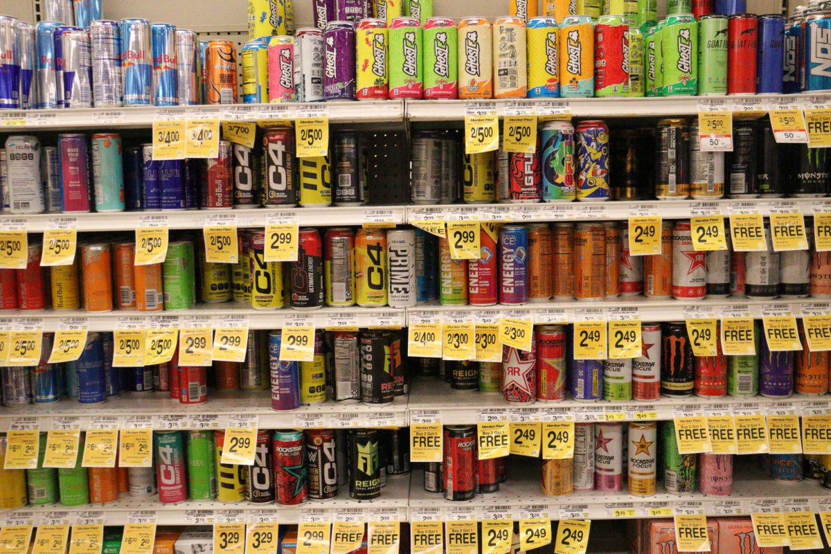 The Safeway San Anselmo location displays an overwhelming variety of energy drinks for sale.
