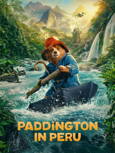 Paddington, during his adventure in Peru, rafts down a river in his umbrella. (Courtesy of IMDB)